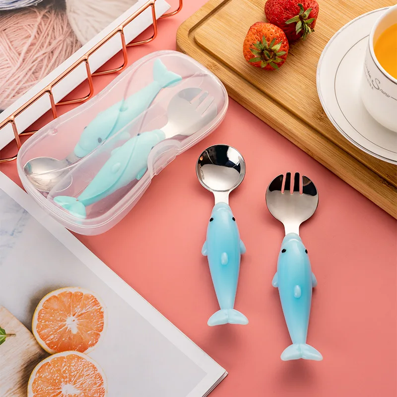 

Baby Tableware Set Children Utensil Dolphin Food Feeding Spoon Fork With Box Stainless Steel Infant Toddler Dinnerware Cutlery