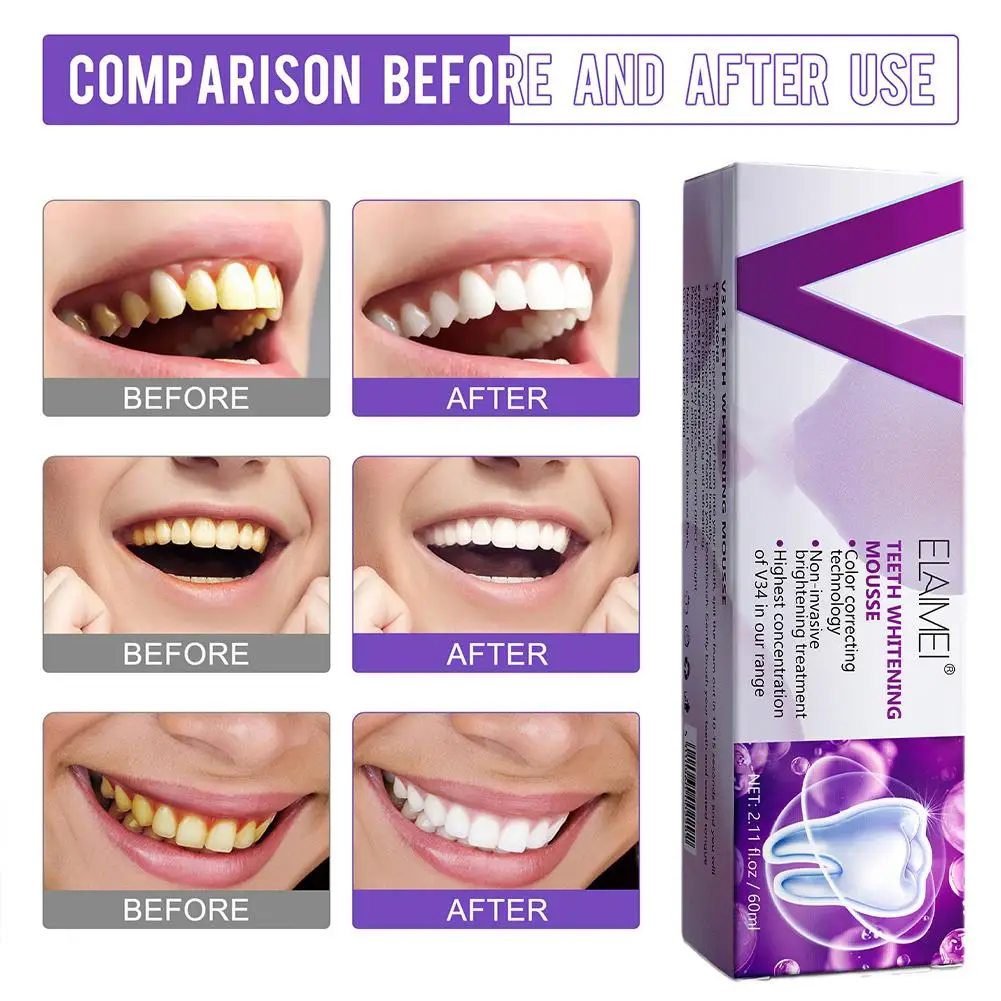 

60ml Teeth Whitening Mousse V34 Colour Corrector Teeth Effectively Plaque Smoke Breath Yellow Remove Fresh Dental Stain Cle O5G0