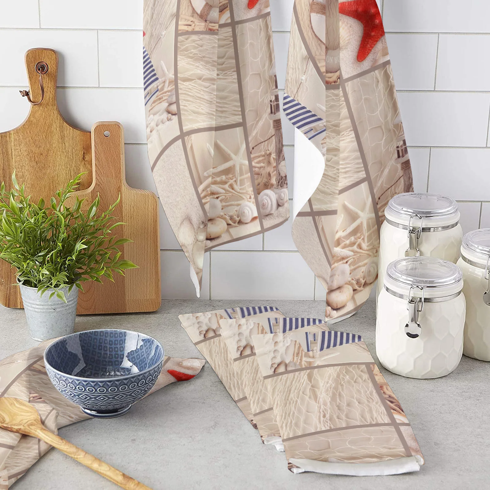 

Beach Starfish Lifebuoy Sailboat Microfiber Kitchen Towel Absorbent Non-stick Oil Wiping Rag Home Cleaning Dishcloth