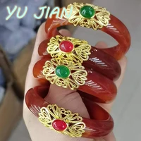 chinese style vintage gold plated silver inlaid agate chalcedony natural a grade jade jadeite bracelet bangle newest jewelry
