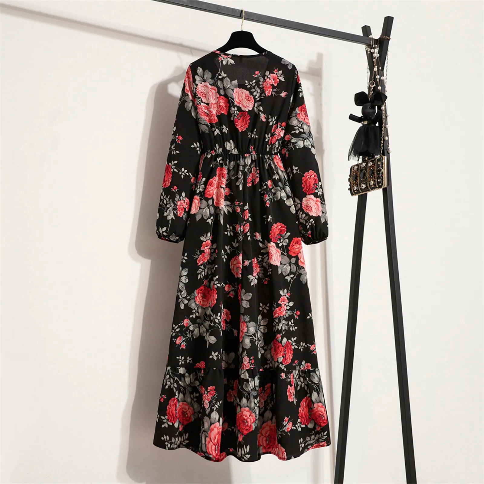 

Maxi Dresses for Women plus Size Women's Floral Print Long Sleeve Tiered Ruffle Hem Dress Flared Flowy Maxi Mini Flare Dress