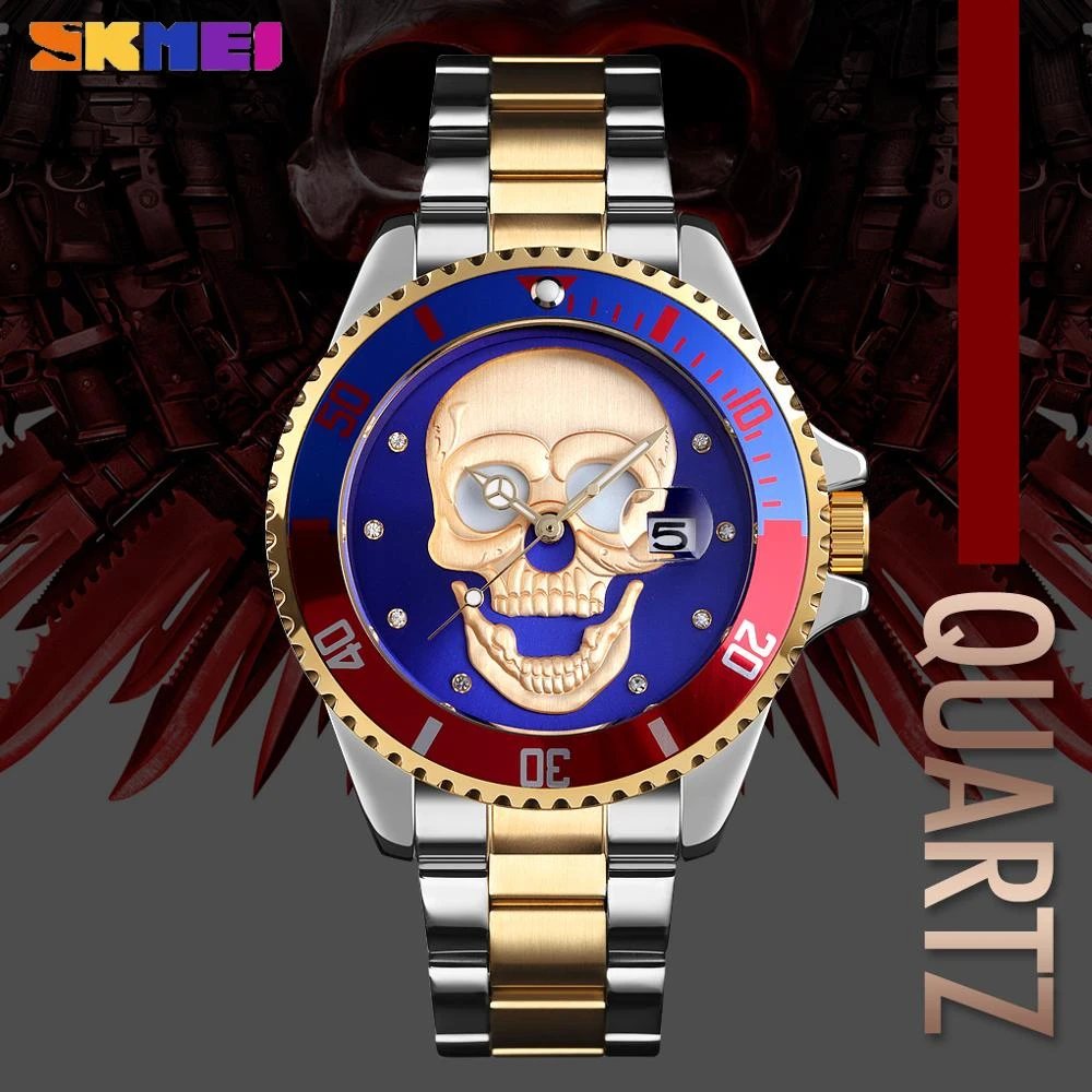 

SKMEI Men's Skull Quartz Watch Skeleton Stainless Steel Male Clock Waterproof Wristwatch Relogio Masculino часы мужские