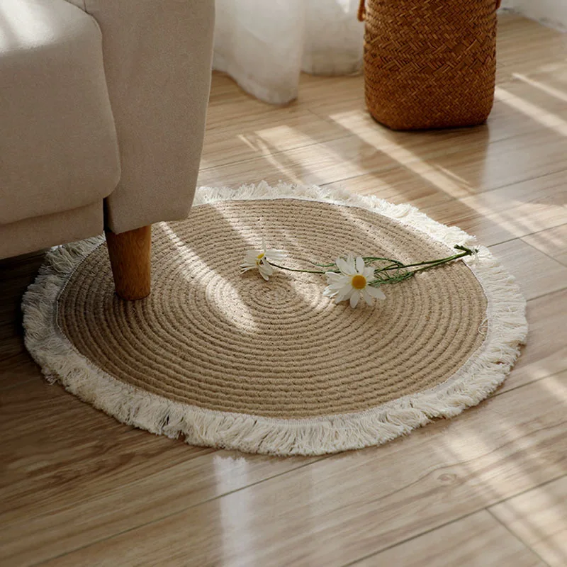 

Jute Braided Rug Japanese Style Simple Vintage Multi Size Round Home Decor Study Bedroom Anti Skid Sofa Cover Tassels Edge Mat