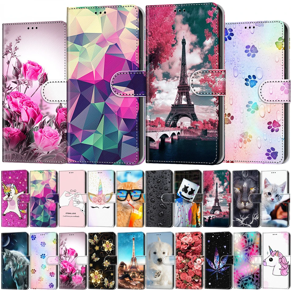 

Colored Painted Card Slot Wallet Flip Cases For Huawei P8 Lite 2017 P9 Lite P10 Lite P20 Lite 2019 P30 Pro Cover Honor 8 Lite
