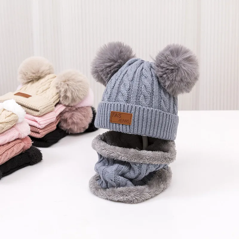 

Baby Kid Plush Hat Scarf 2 Piece Set Boy Girl Knit Cap And Ring Scarves Solid 2022 Winter Outdoor Warm Accessories 1-3T
