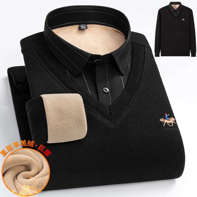 

Высококачественный мужской шерстяной пуловер с имитацией двух предметов, деловой плотный теплый свитер из бархата, свободный флисовый трикотаж, 6XL, 7XL