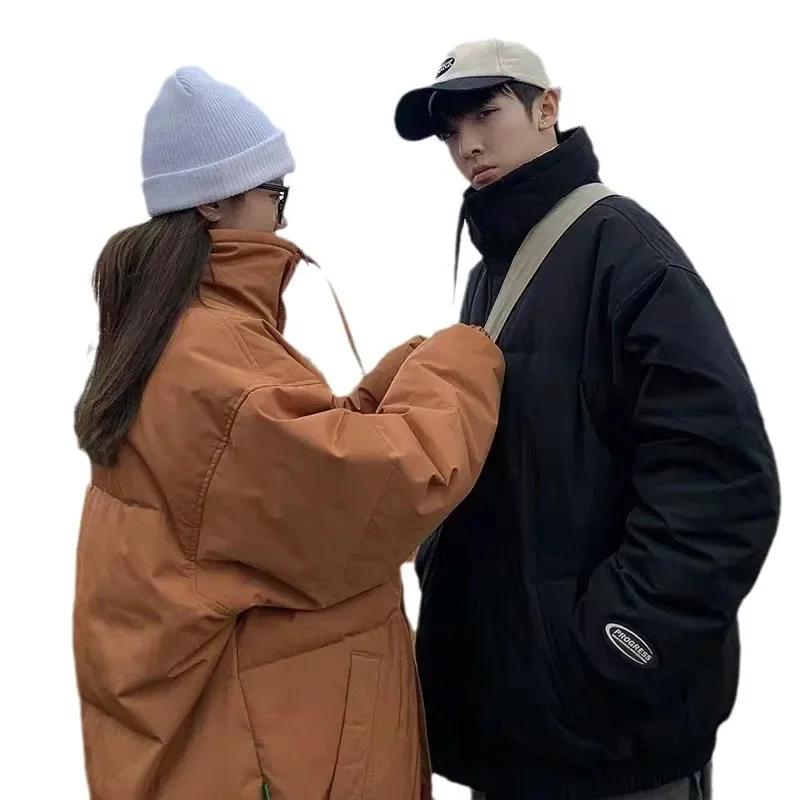 2023 Winter New Men's Cotton Coat Jacket Loose Fit Trendy Casual Versatile Couple's Outerwear Hong Kong Style Solid Color Stand