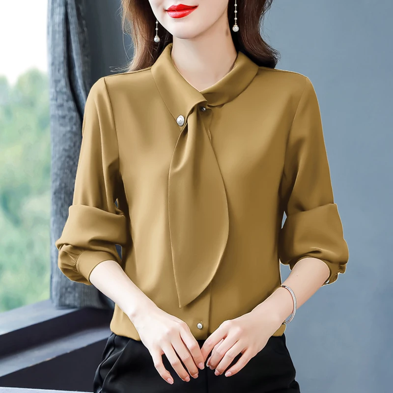 

Elegant Fashion Stand collar Office lady Tops For Women Long sleeve Pullovers Professional Blouse Ribbon shirt