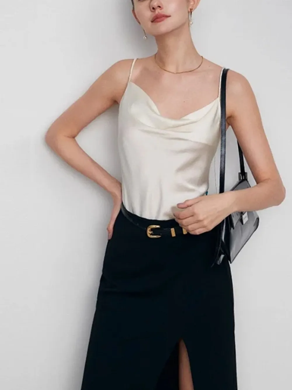 

100% Silk Women's Draped Neck Sling Camisole Backless Sleeveless Solid Color All-Match Ladies Tank Tops 2023 Summer