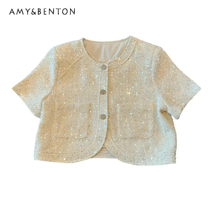 Fashion Sequined Short Jacket Women's Clothse Summer French Style Design Cardigan 2023 New Short Sleeve Single-breasted Top Coat