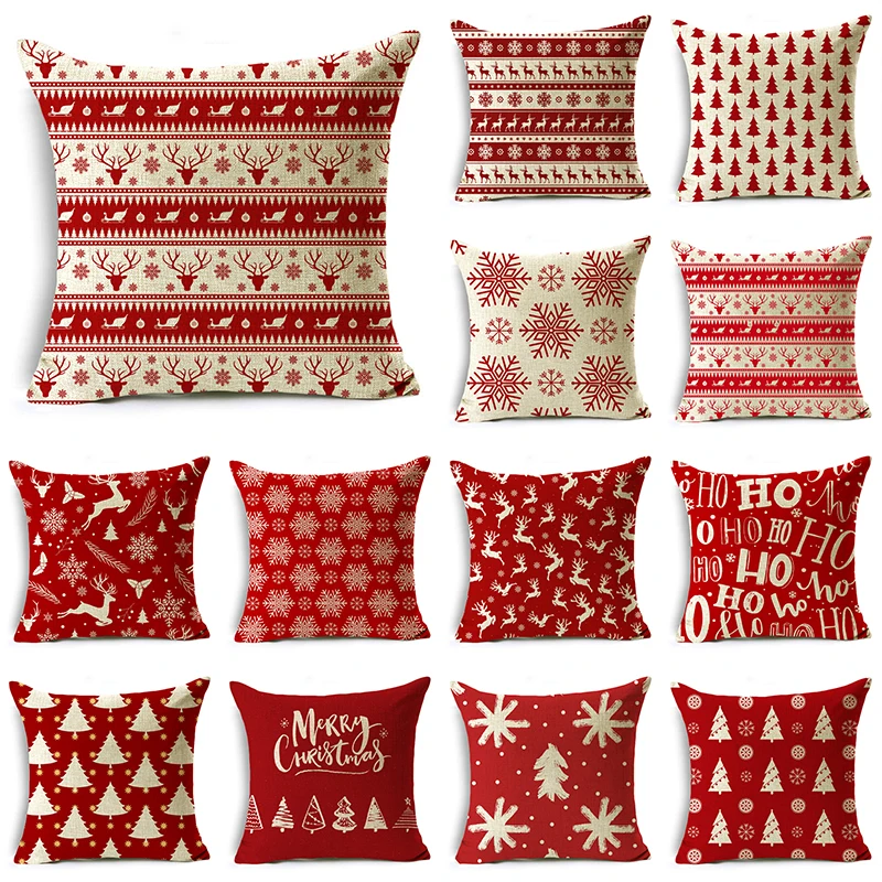 Christmas Series Pillowcases Christmas Elements Printed Red Festive Holiday Gifts Home Decor Pillowcase 40*40cm/45*45cm/50*50cm