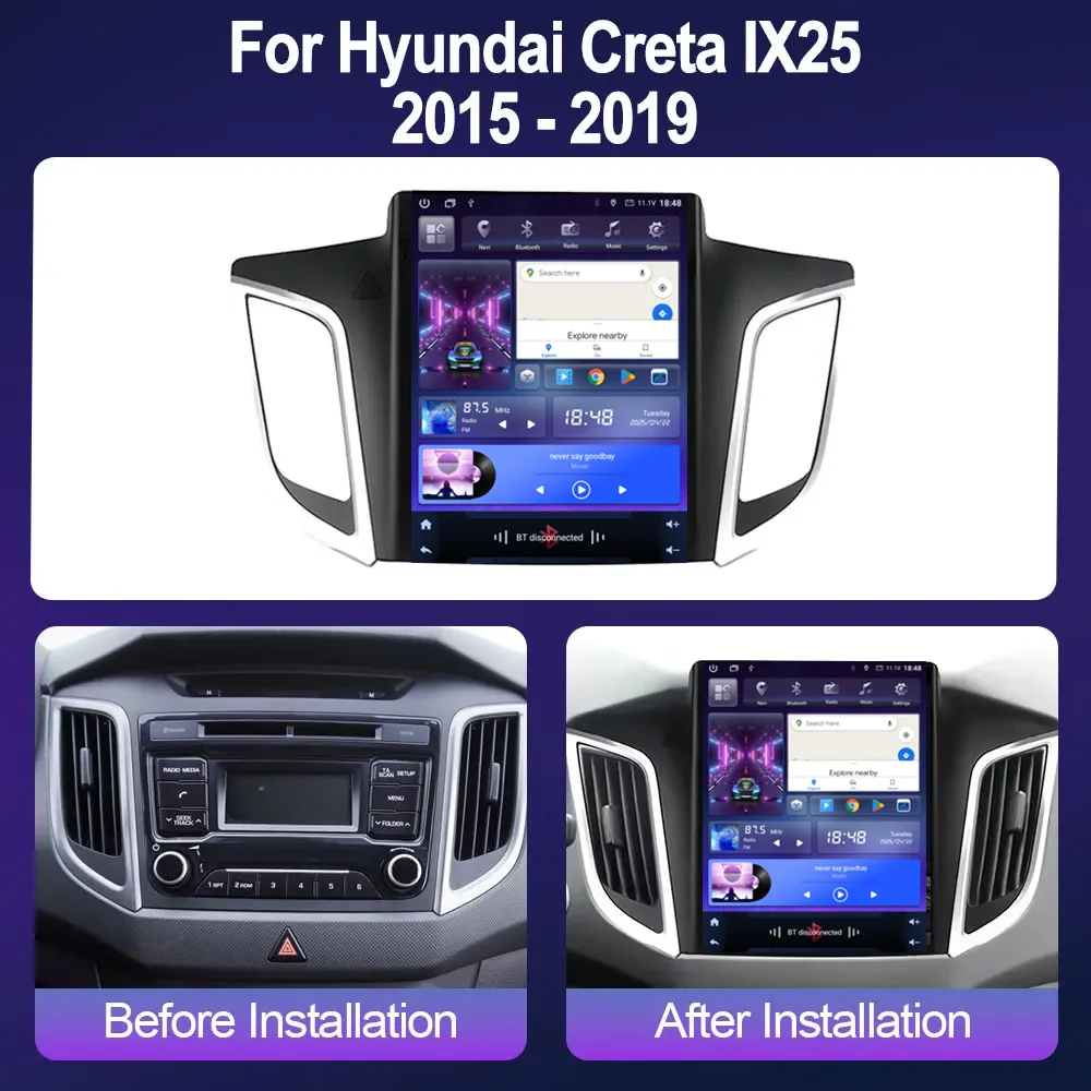 Фото 9.7-дюймовый мультимедийный проигрыватель для автомобиля на Android 14 для Hyundai Creta IX25 2015-2019, вертикальный экран в стиле Tesla, Carplay, Android Auto, навигация HU №2