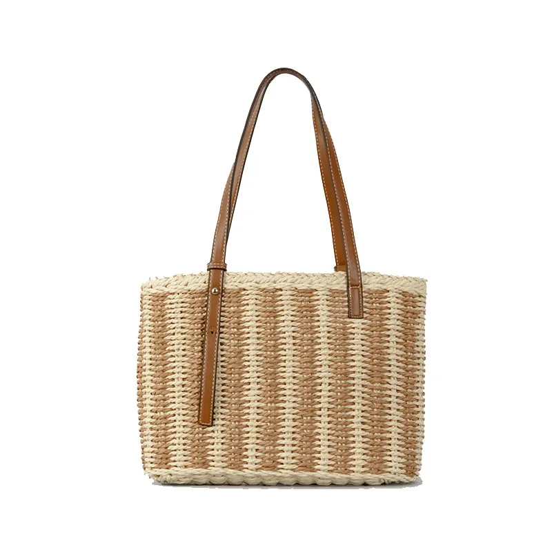 

Casual Striped Straw Women Shoulder Bags Paper Woven Lady Handbag Handmade Summer Beach Tote Bag Large Baskets Purse 2023 Travel