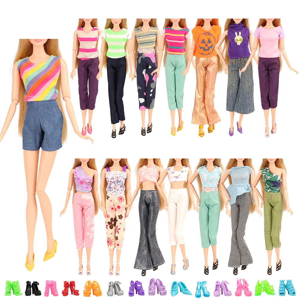 

Fashion Handmade 15 Items /lot Doll accessories Kids Toys Random 5 Clothes Tops Pants +10 Shoes For Barbie Game DIY Present