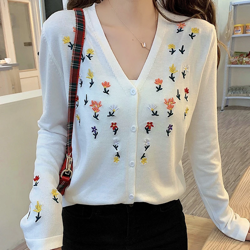 Кардиган с вышивкой женский свитер длинным рукавом летние топы тонкий простой