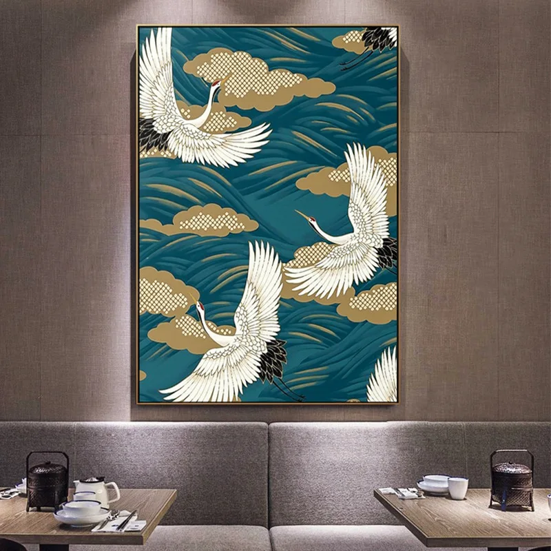 

New Chinese Classical Crane Sky Clouds Flying Canvas Painting Wall Art Picture Chinese Style Poster Print Bedroom Home Decor