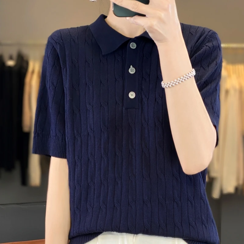 Летом новый вязаный женский свободный свитер-поло из 100% чистой шерсти с