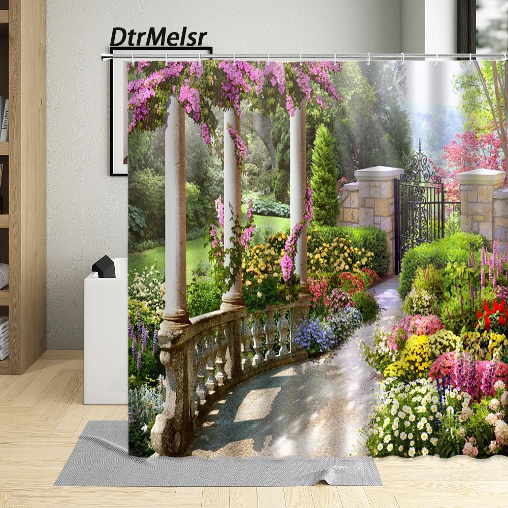 greek city street scenery shower curtain flower window blue wooden door floral plant landscape bathroom curtains set polyester free global shipping