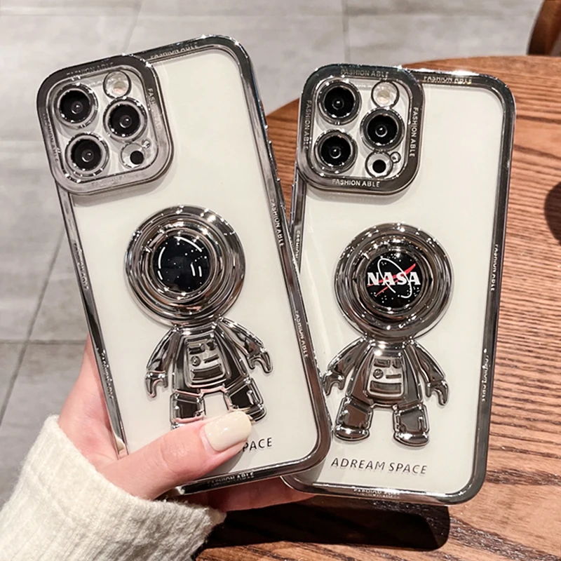 

Plating Transparent Astronaut Phone Case For iPhone 11 12 13 Pro Max X XR XS 7 8Plus Luxury Shockproof Ring Holder Back Cover