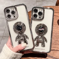 plating transparent astronaut phone case for iphone 11 12 13 pro max x xr xs 7 8plus luxury shockproof ring holder back cover