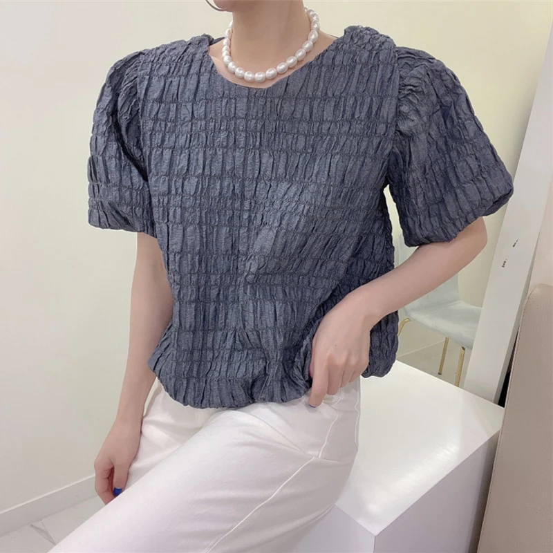 

White Gray Blouse Women Ruched Pleated Puff Sleeve Shirts Summer Loose O-Neck Tops Casual Back Lace Up Cute Harajuku Blusas N227