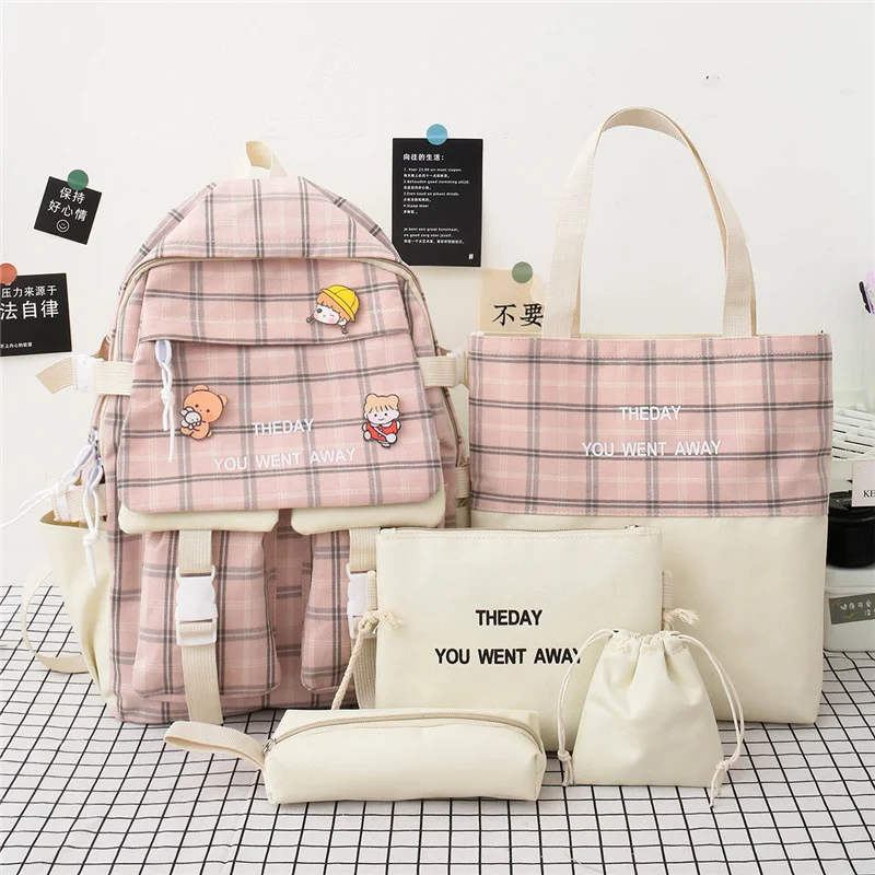 

5Pcs Set Harajuku Women Laptop Backpack Canvas School Bags For Teenage Girls Kawaii College Student Kids Book Bag Rucksack 2022