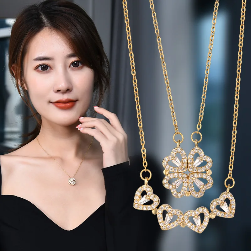 

Korean Fashion Magnetic Heart Pendant Four Love Hearts Can Be Opened Necklace Women Cute Clavicle Chain Couples Anniversary Gift