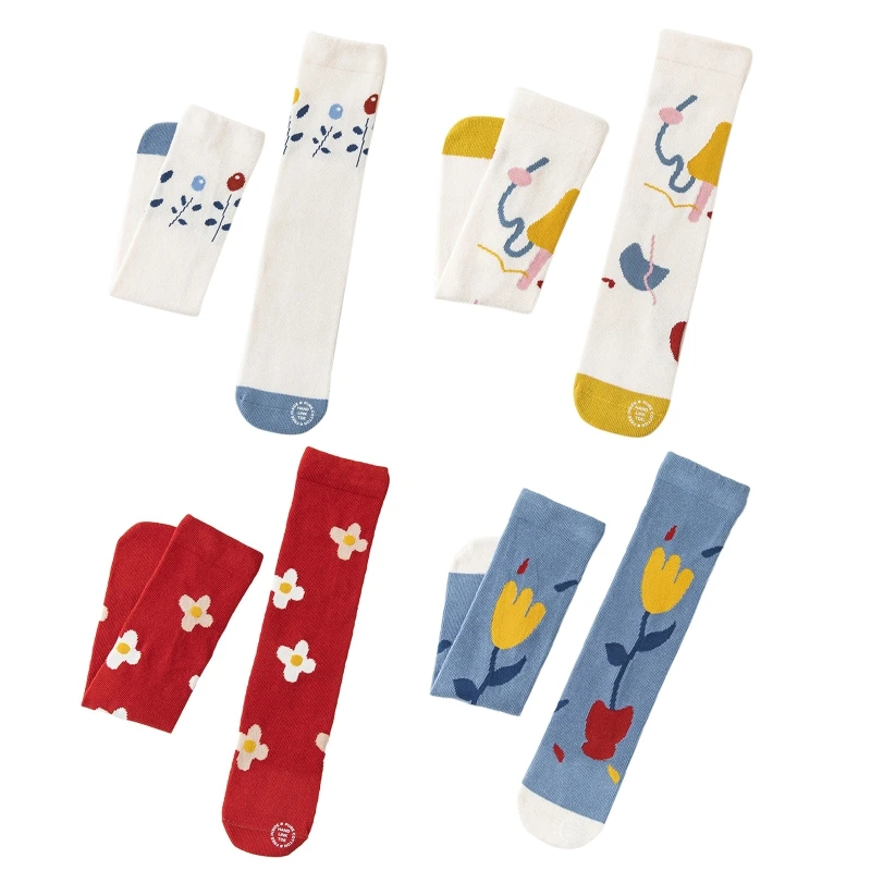 

Детские носки средней длины, теплые чулки с цветочным принтом на весну и осень, гольфы до колена, детские чулки для мальчиков и девочек