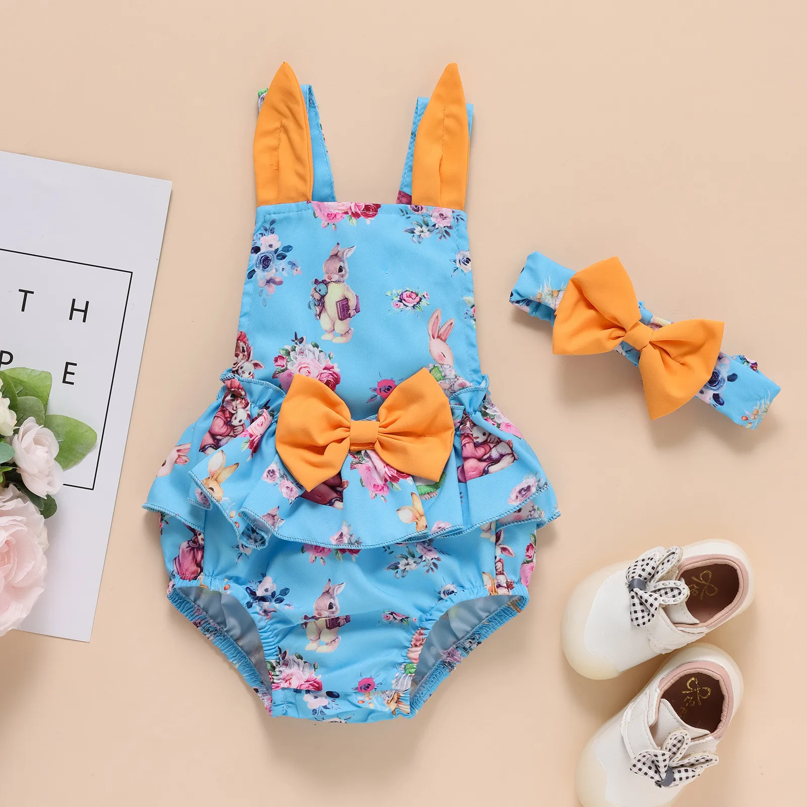 

Toddler Girl Summer Clothes Boys Girls Easter Cartoon Rabbit Printed Romper Bodysuit+Headbands vetement bebe fille