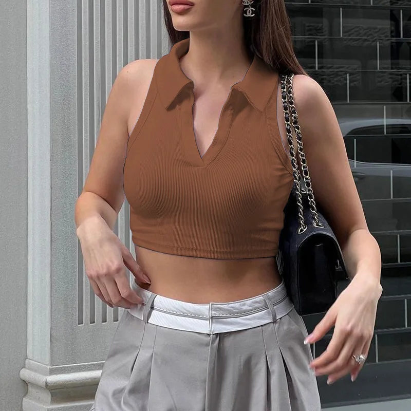 

Solid Color V Neck Women's Versatile Cropped Top Summer Fashion Lapel Casual Sexy Slim Fit Women's Sleeveless Tops Clothing
