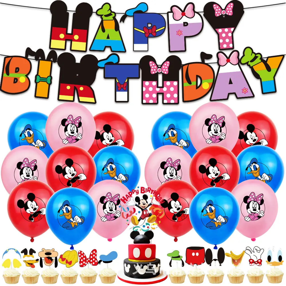 

Праздвечерние чные украшения для детского дня рождения с Микки Маусом, баннер с шариками Минни, топпер для торта, праздничные шарики для буд...