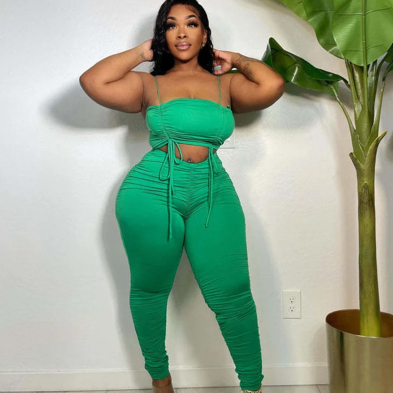 

WUHE Drawstring Bandage Tube Crop Tops and Pants Sets Party Rave Festival Two Piece Set Woman Night Club Sexy Club Outfits