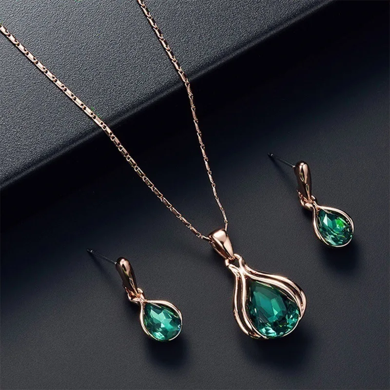

Fashion Women's Blue Green Water Drop Shape Necklace Earrings Set Ornament women