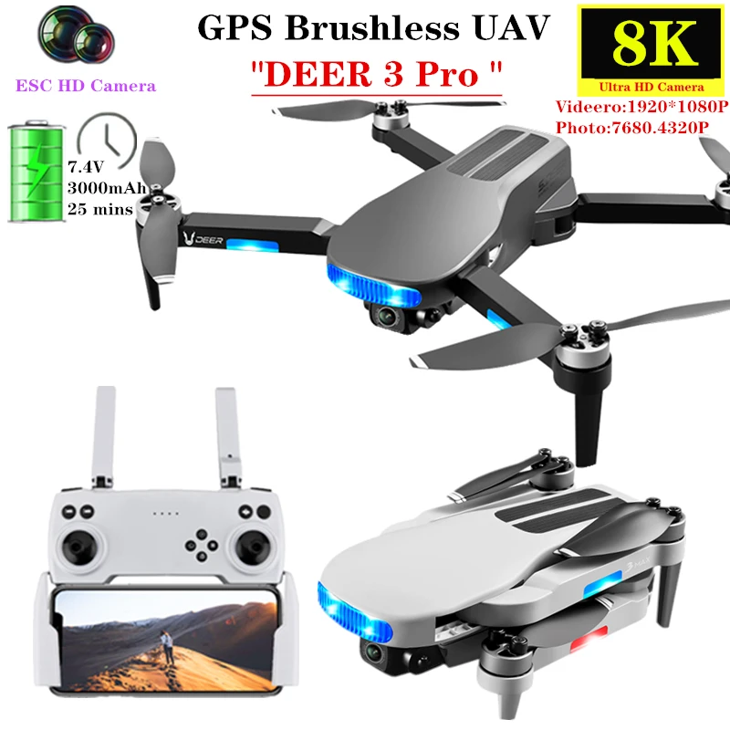 

Deer 3 pro UAV GPS Drone 8K ESC HD Camera Brushless Motor RC Quadcopter Smart Follow Geature Selfie Foldable Mini Dron