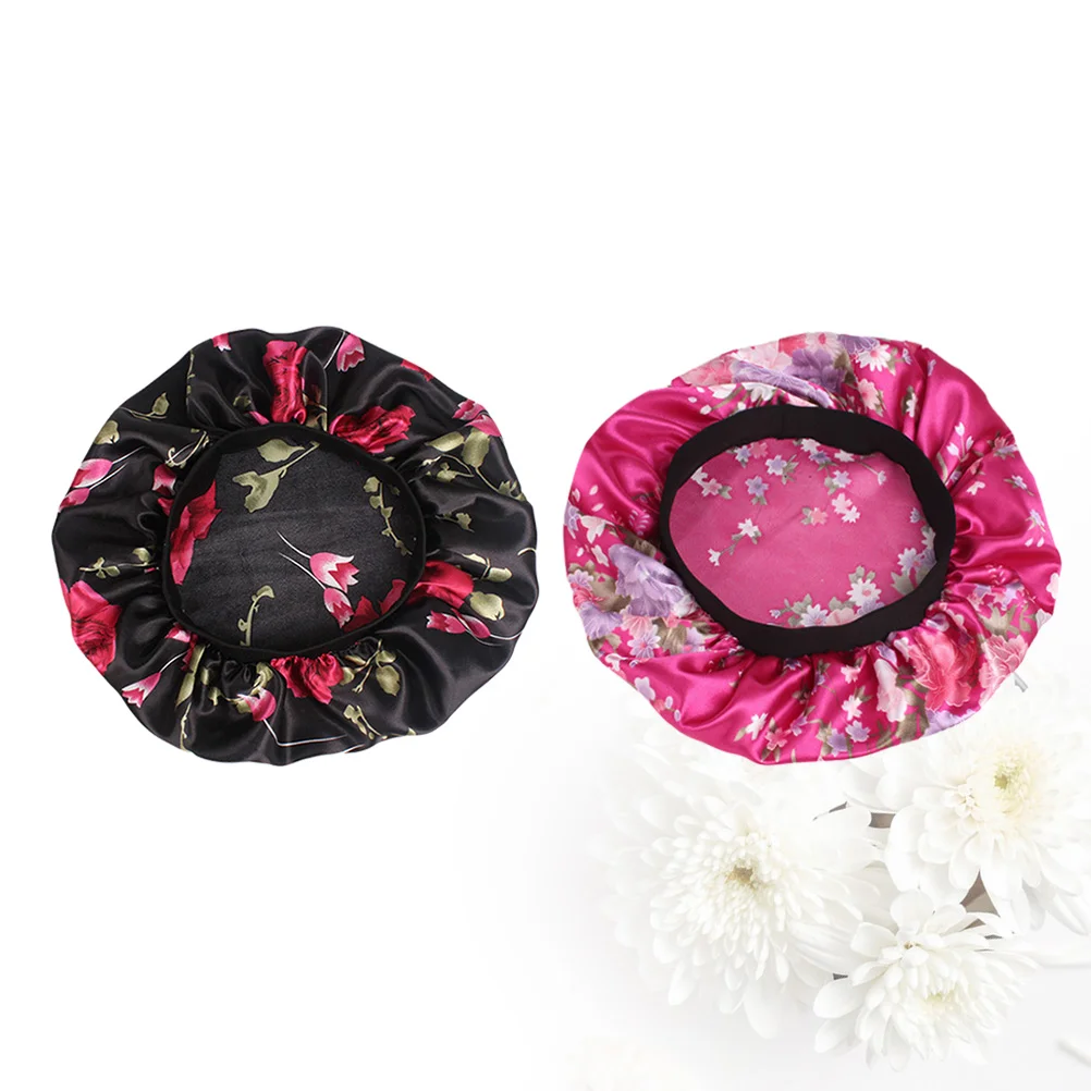 

Cap Satin Sleeping Bonnet Hair Night Wide Hat Adjustable Caps Side Women Floral Silk Band Wrap Head Cover Shower Bonnets Loss