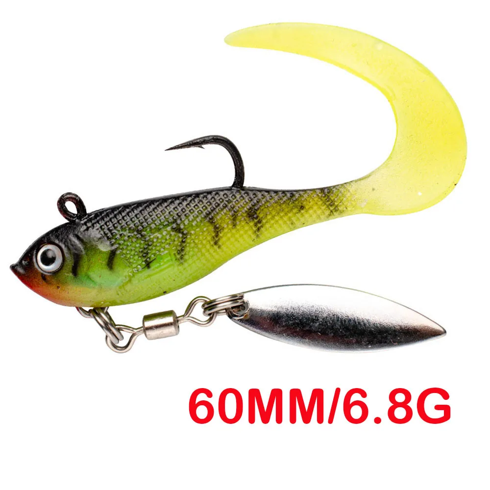 

Go-again 60mm 6.8g lead wrapped fish lure soft worm lead head hook bait reel tail with spinning sequins soft bait