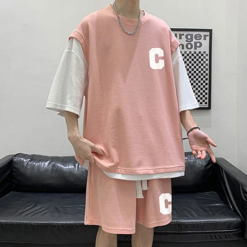 Men Hip Hop Tracksuits Patchwork Short-sleeved Shirt Summer Fake Two Pieces Set Unisex Youth Letter Print Male Sports Suits