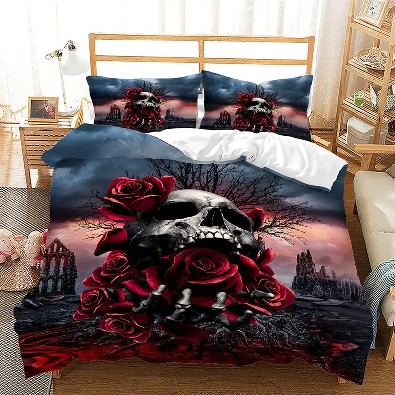 

Dark Skull Duvet Cover Microfiber Gothic Skeleton Bedding Set Horror Theme Comforter Cover Queen For Teen Adults Bedroom Decor