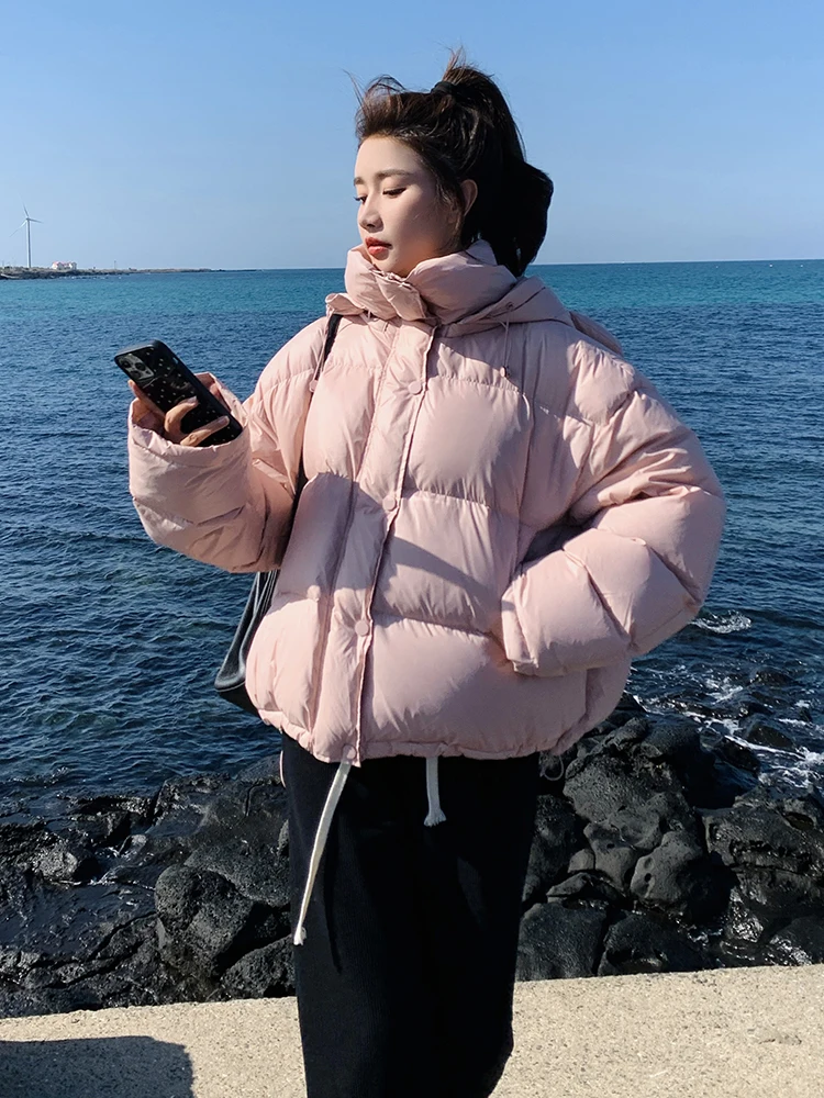 Pink Preppy Hood Down jacket Women Winter 2024 New High Sense Short Small White Duck Down Outerwear