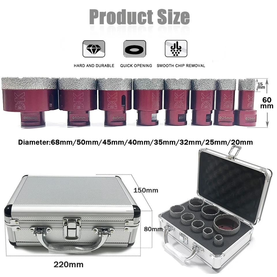 Набор алмазных сверл комплект из 8 корончатых сверел 20 + 25 32 35 40 45 50 68 мм с резьбой M14