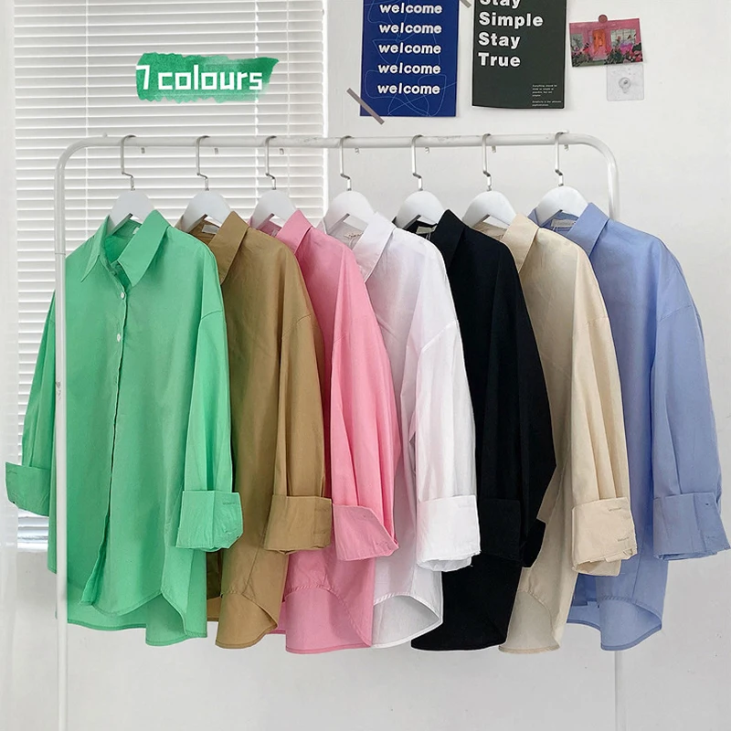 

Spring autumn pure color wild Korean long-sleeved shirt women blouse student female Japanese loose retro design shirt tops trend
