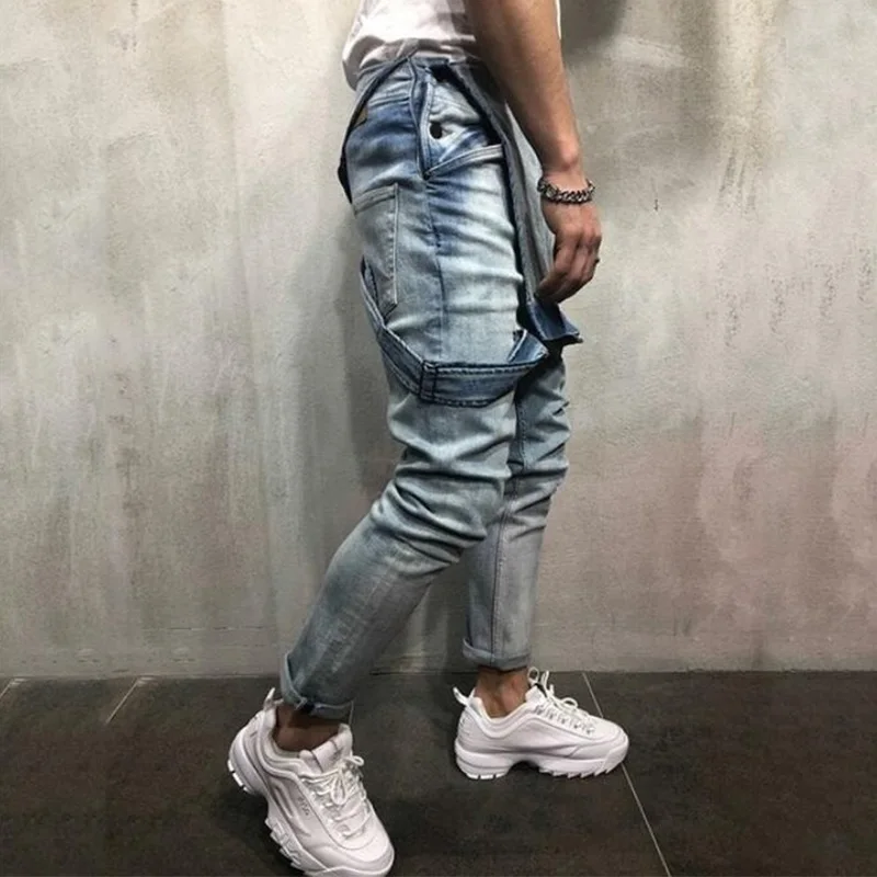 Men's Strap Denim Jumpsuit Jeans Rompers Spring and Autumn High Street Full Length Trousers Overalls Streetwear Men Jeans