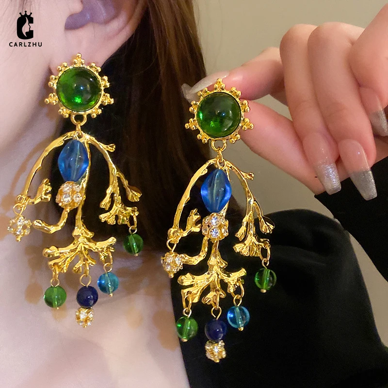 

Medieval Style Rhinestone Acrylic Round Ball Branches Leaves Tassel Drop Earrings for Women Exaggerated Temperament Jewelry