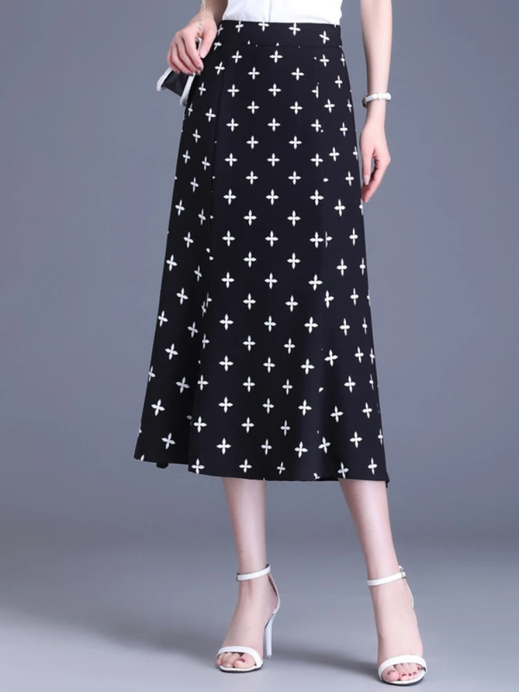 

2022 Summer New High Waist Chiffon Print Long Skirt for Women Vintage Elegant Slim Casual Ladies Black Skirts M-4XL 6856
