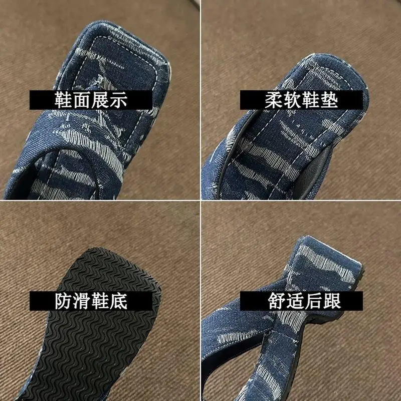 Summer New Herringbone Denim Platform High Heel Slippers Women's Platform Height Increasing Beach Shoes Wedge Slip-on Sandals