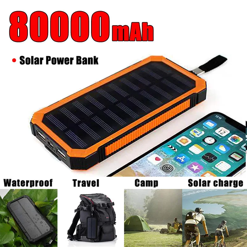 Solar 80000mAh Power Bank Fast Charging External Battery Pack High Capacity Portable Charger LED for Outdoor Xiaomi Iphone LG