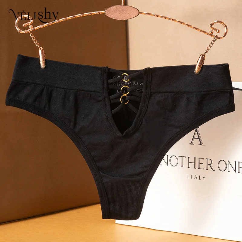 

Женские сексуальные бандажные стринги с вырезами, однотонные черные женские стринги, нижнее белье, новинка 2022, модные женские стринги, трус...