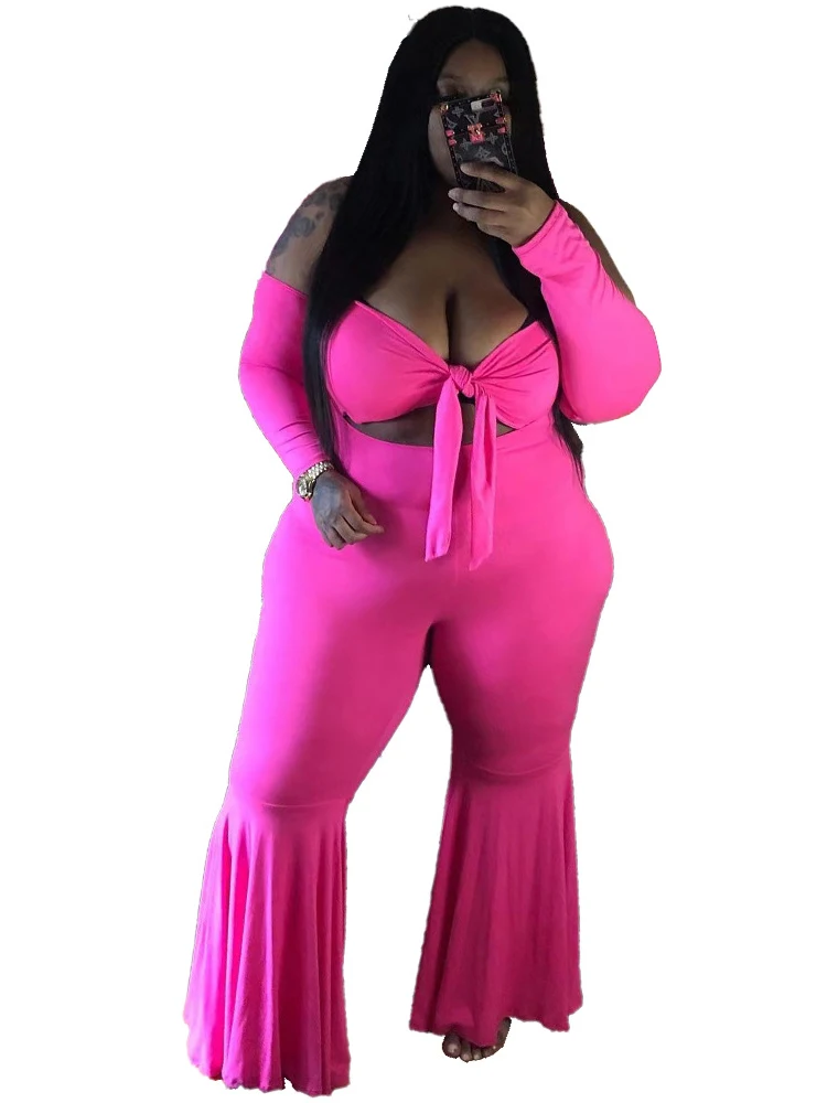 

5XL Plus Size Set Women Clothes 2 Piece Set Crop Top And Flare Pants Rompers Suit Autumn New Solid Fashion Sexy Big Size Outfits