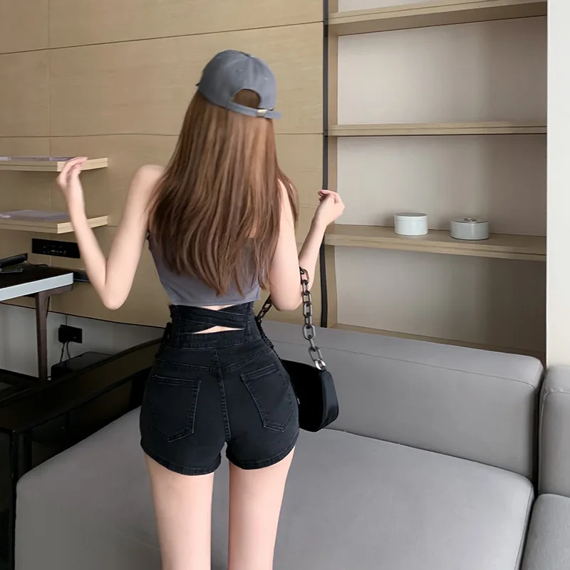 2021 Summer Hollow Out Quality High Waist Tight Female Elastic Short Jeans Sexy Denim Shorts New Women's Slim Fit Shorts Bandage