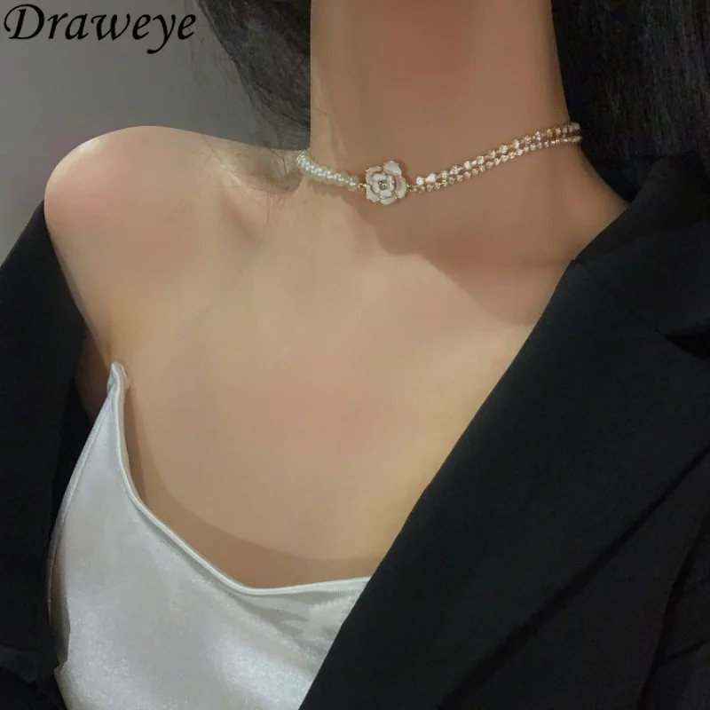 

Draweye Beading Flower Necklaces for Women Y2k Fashion Chokers Sweet Zirconia Jewelry Ins Luxury Quality Round Necklace